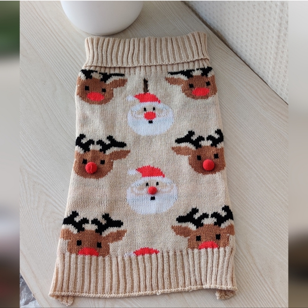 Woof Beige Santa and Reindeer Christmas Dog Sweater Size Small